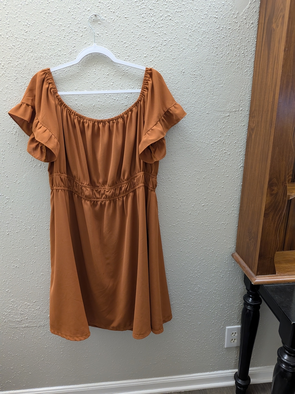 SHEIN Rust Brown Off-Shoulder Ruffle Sleeve Dress